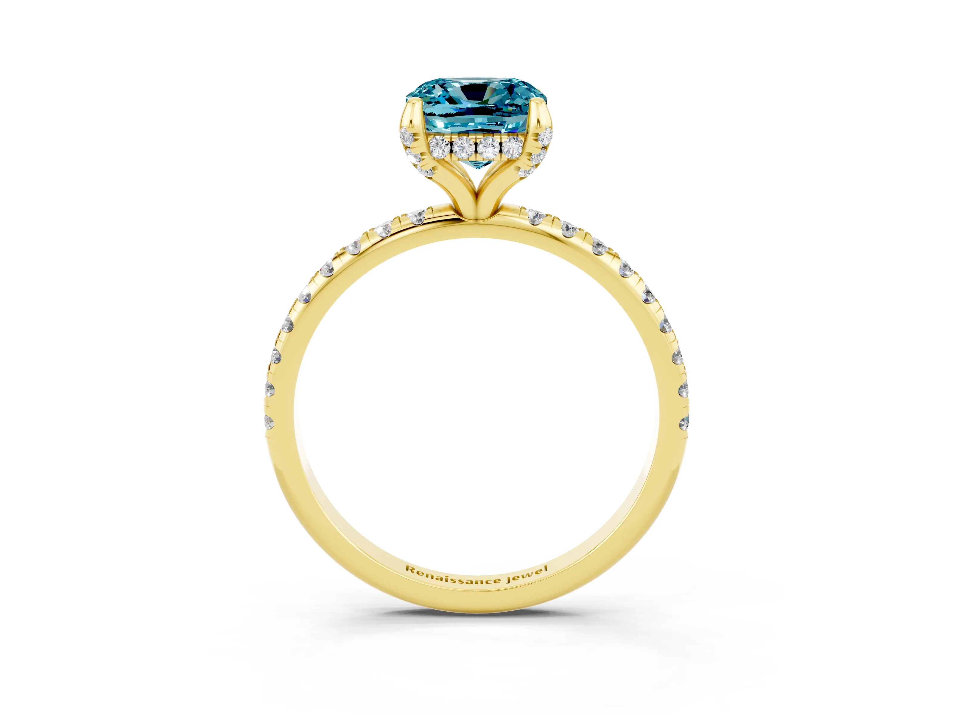 Yellow gold Cushion Cut Diamond Solitaire Ring with Four-Prong Setting and Pavé Band_3
