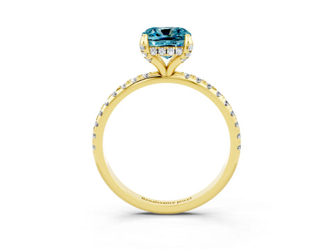 Yellow gold Cushion Cut Diamond Solitaire Ring with Four-Prong Setting and Pavé Band_3