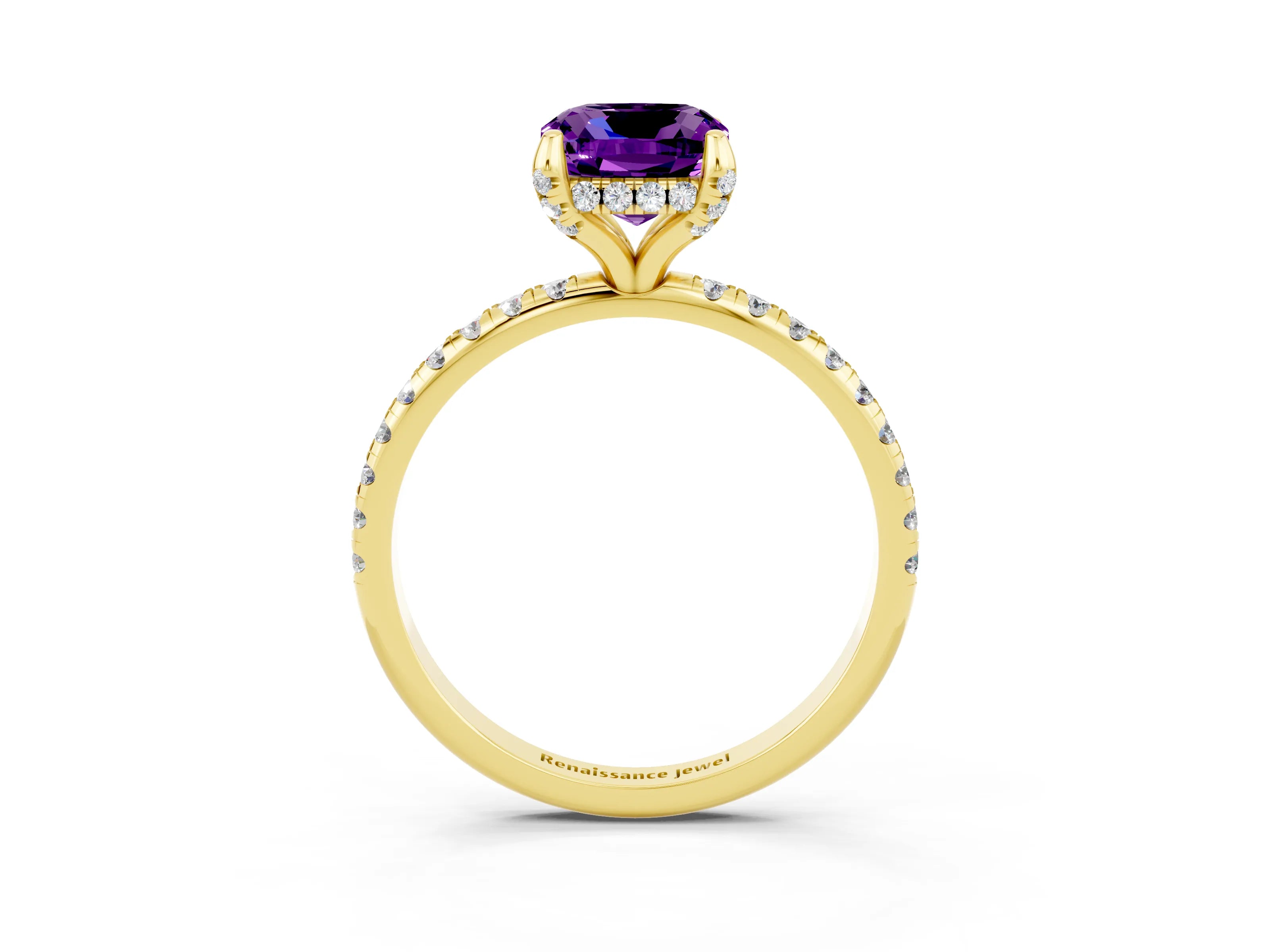 Yellow gold Cushion Cut Diamond Solitaire Ring with Four-Prong Setting and Pavé Band_3
