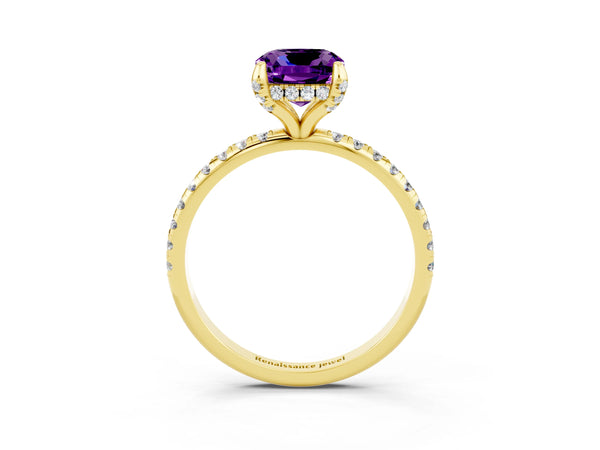 Yellow gold Cushion Cut Amethyst Hidden Halo Engagement Ring with Round Pavé Band and Prong Setting
