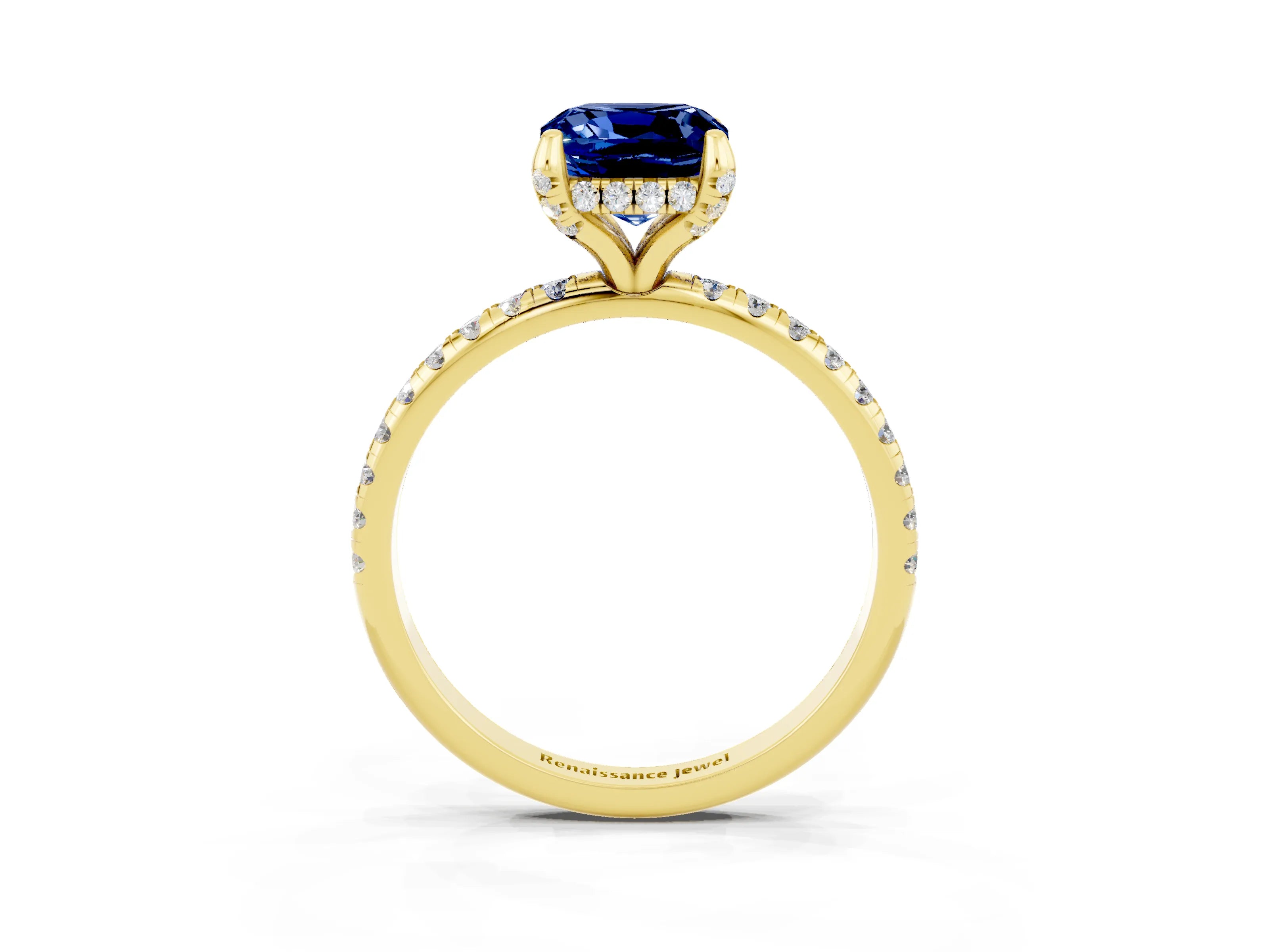 Yellow gold Cushion Cut Diamond Solitaire Ring with Four-Prong Setting and Pavé Band_3