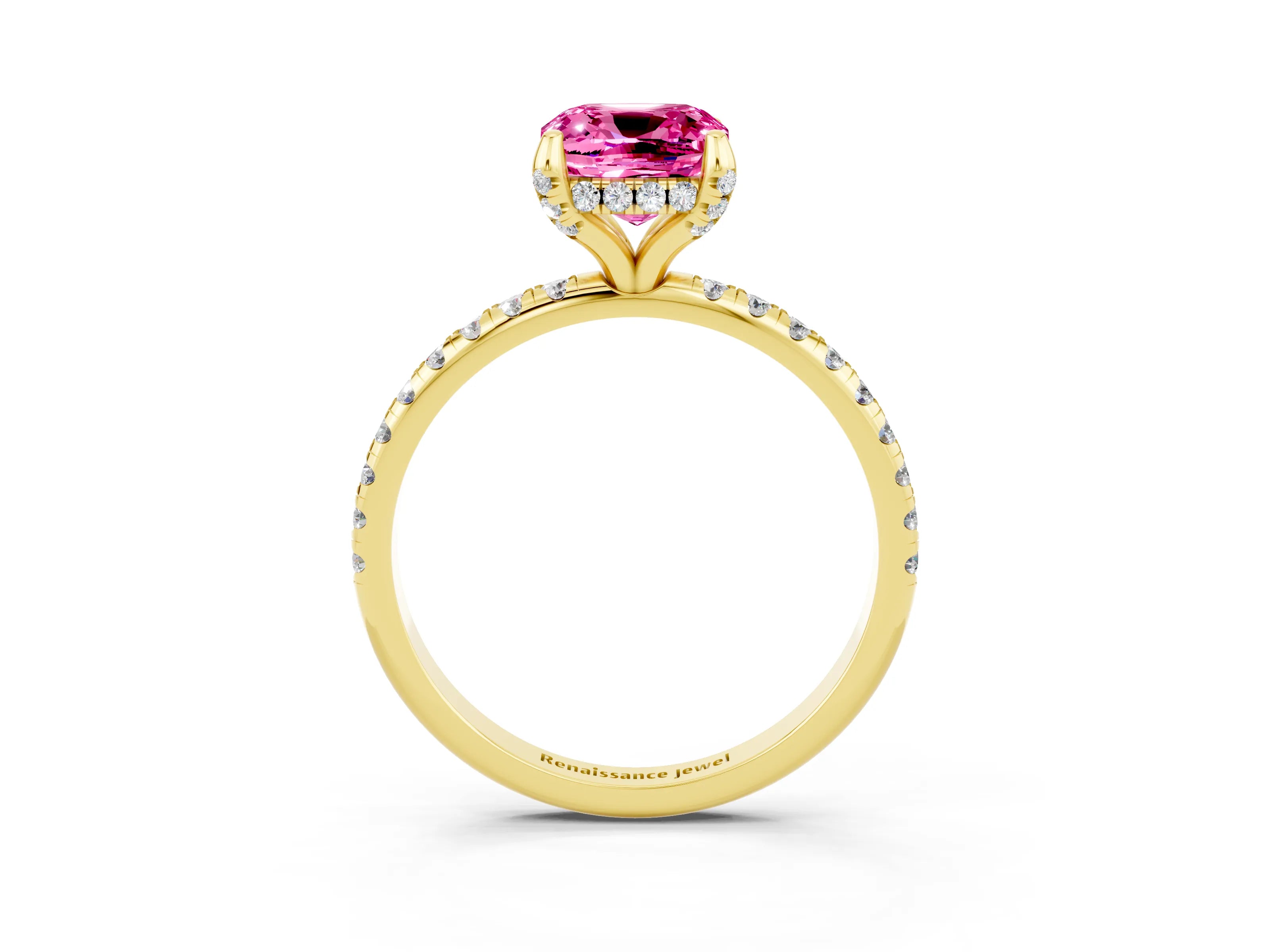 Yellow gold Cushion Cut Diamond Solitaire Ring with Four-Prong Setting and Pavé Band_3