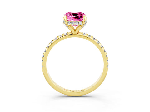 Yellow gold Cushion Cut Diamond Solitaire Ring with Four-Prong Setting and Pavé Band_3