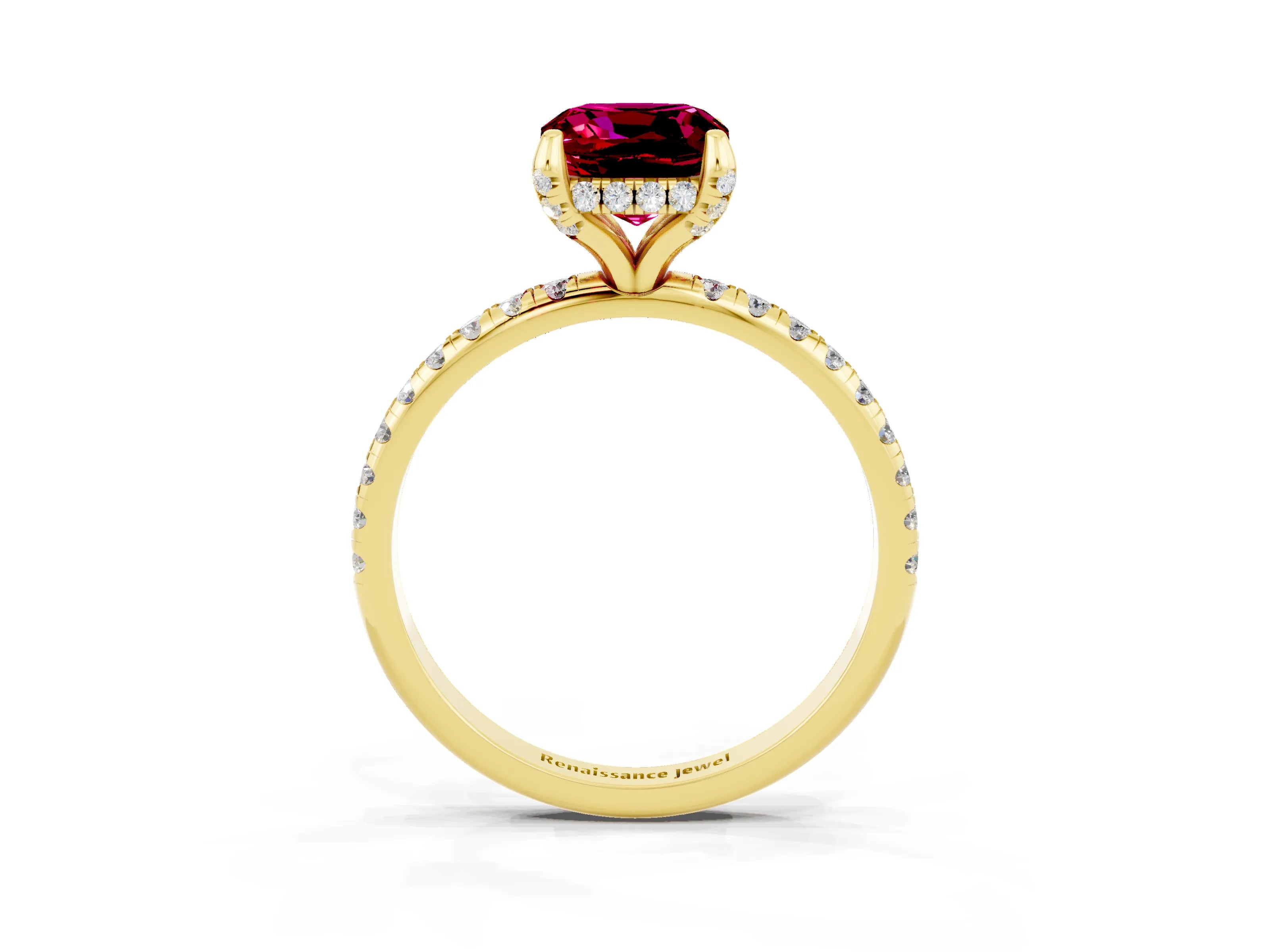 Yellow gold Cushion Cut Diamond Solitaire Ring with Four-Prong Setting and Pavé Band_3