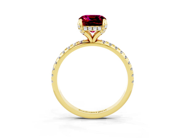 Yellow gold Cushion Cut Garnet Hidden Halo Engagement Ring with Round Pavé Band and Prong Setting