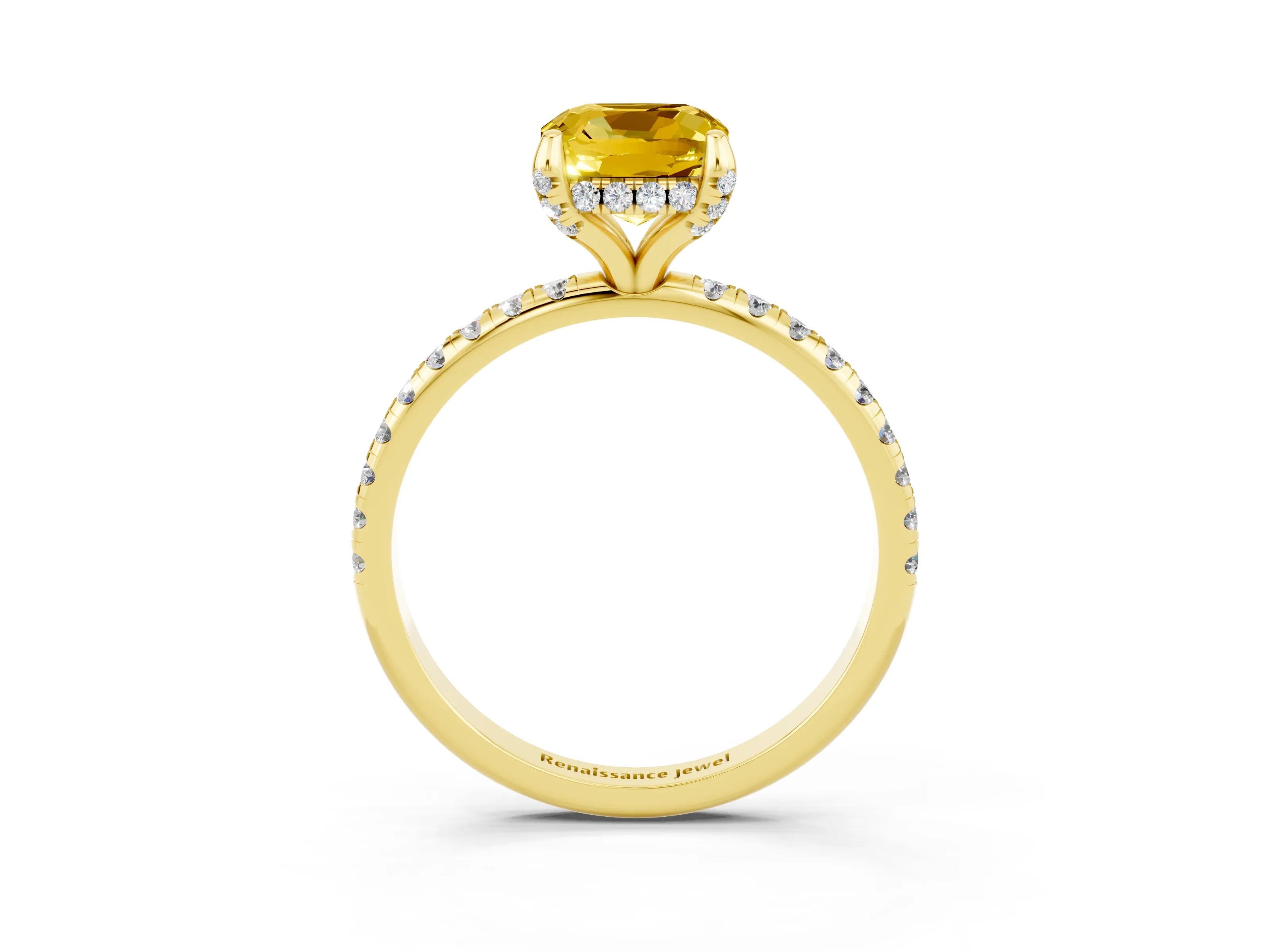Yellow gold Cushion Cut Diamond Solitaire Ring with Four-Prong Setting and Pavé Band_3