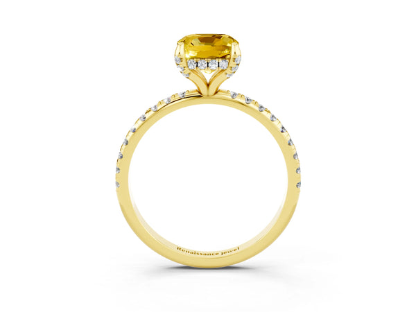 Yellow gold Cushion Cut Yellow Sapphire Hidden Halo Engagement Ring with Round Pavé Band and Prong Setting