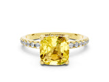 Yellow gold Cushion Cut Diamond Solitaire Ring with Four-Prong Setting and Pavé Band