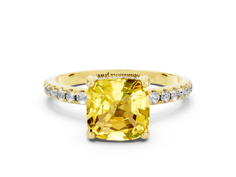 Yellow gold Cushion Cut Diamond Solitaire Ring with Four-Prong Setting and Pavé Band