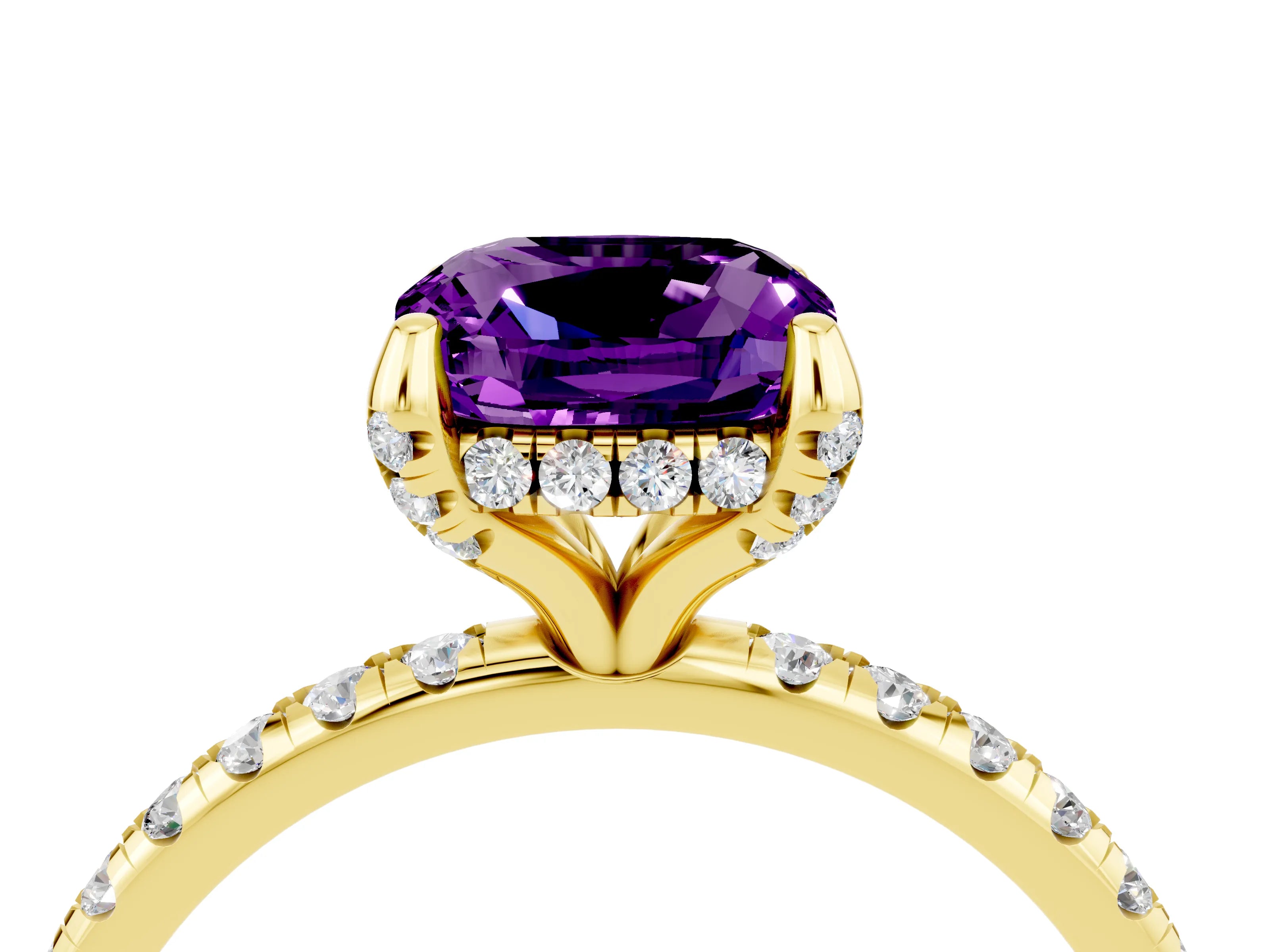 Yellow gold Cushion Cut Diamond Solitaire Ring with Four-Prong Setting and Pavé Band_4
