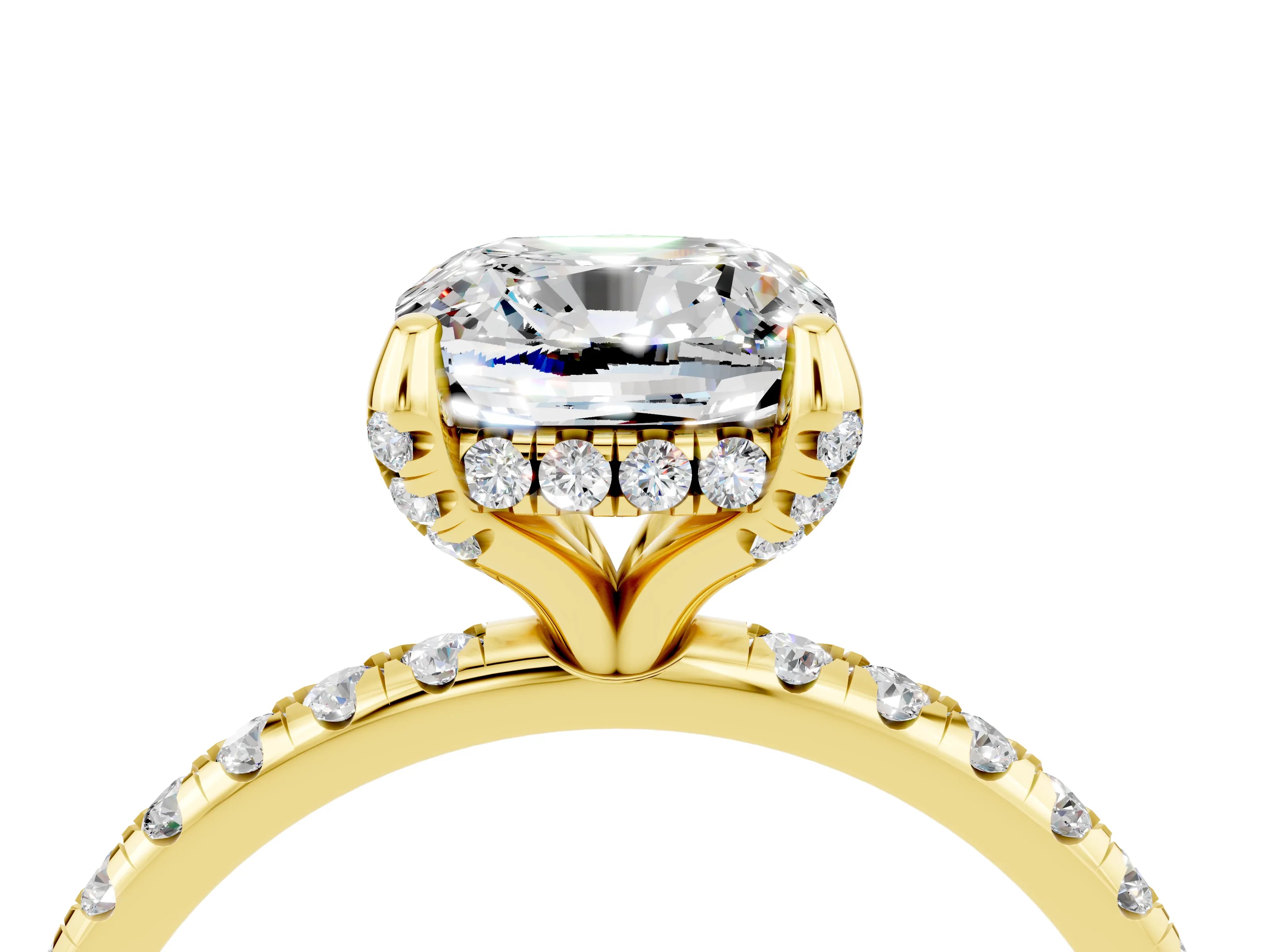 Yellow gold Cushion Cut Diamond Solitaire Ring with Four-Prong Setting and Pavé Band_4