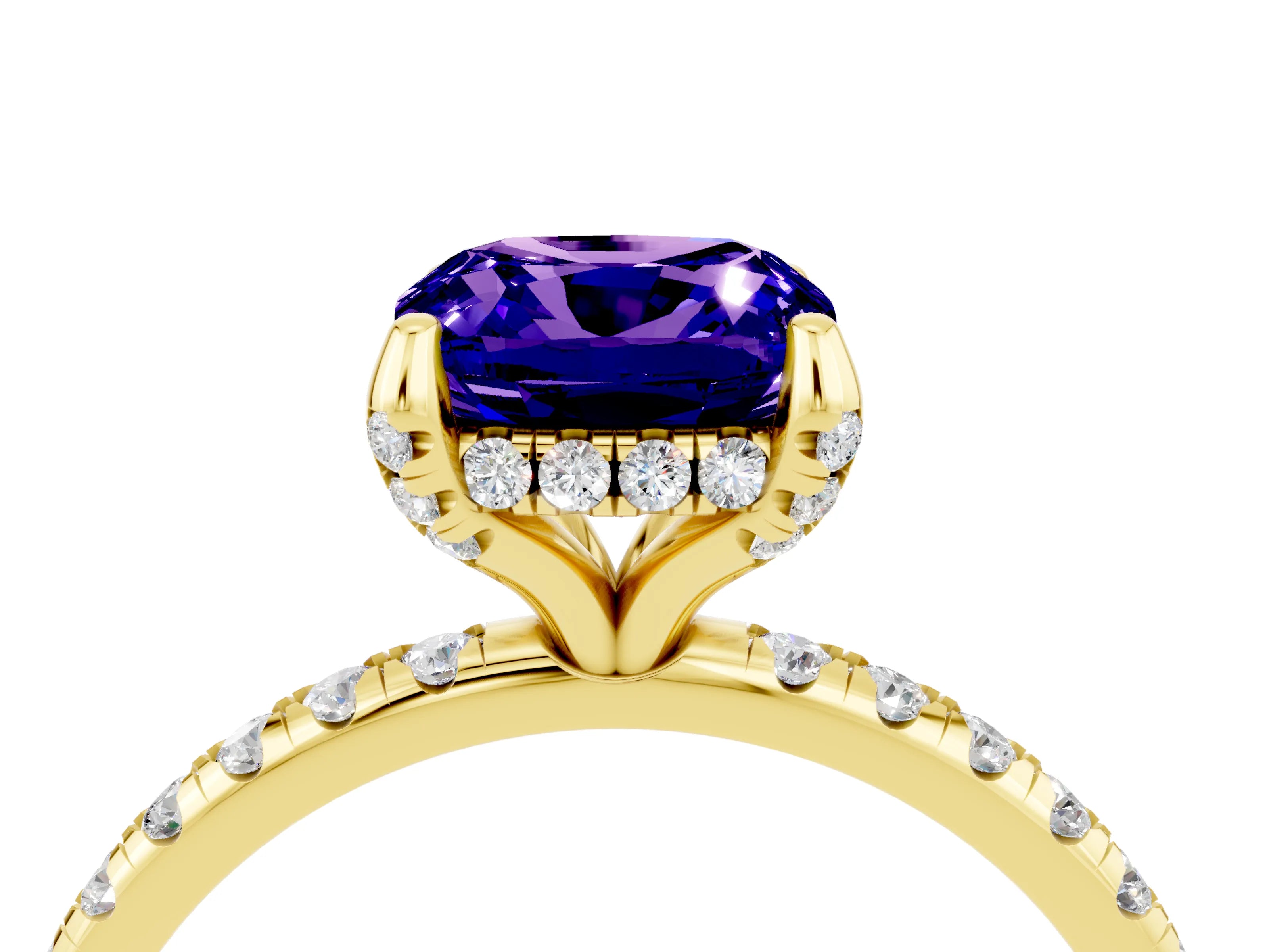 Yellow gold Cushion Cut Diamond Solitaire Ring with Four-Prong Setting and Pavé Band_4