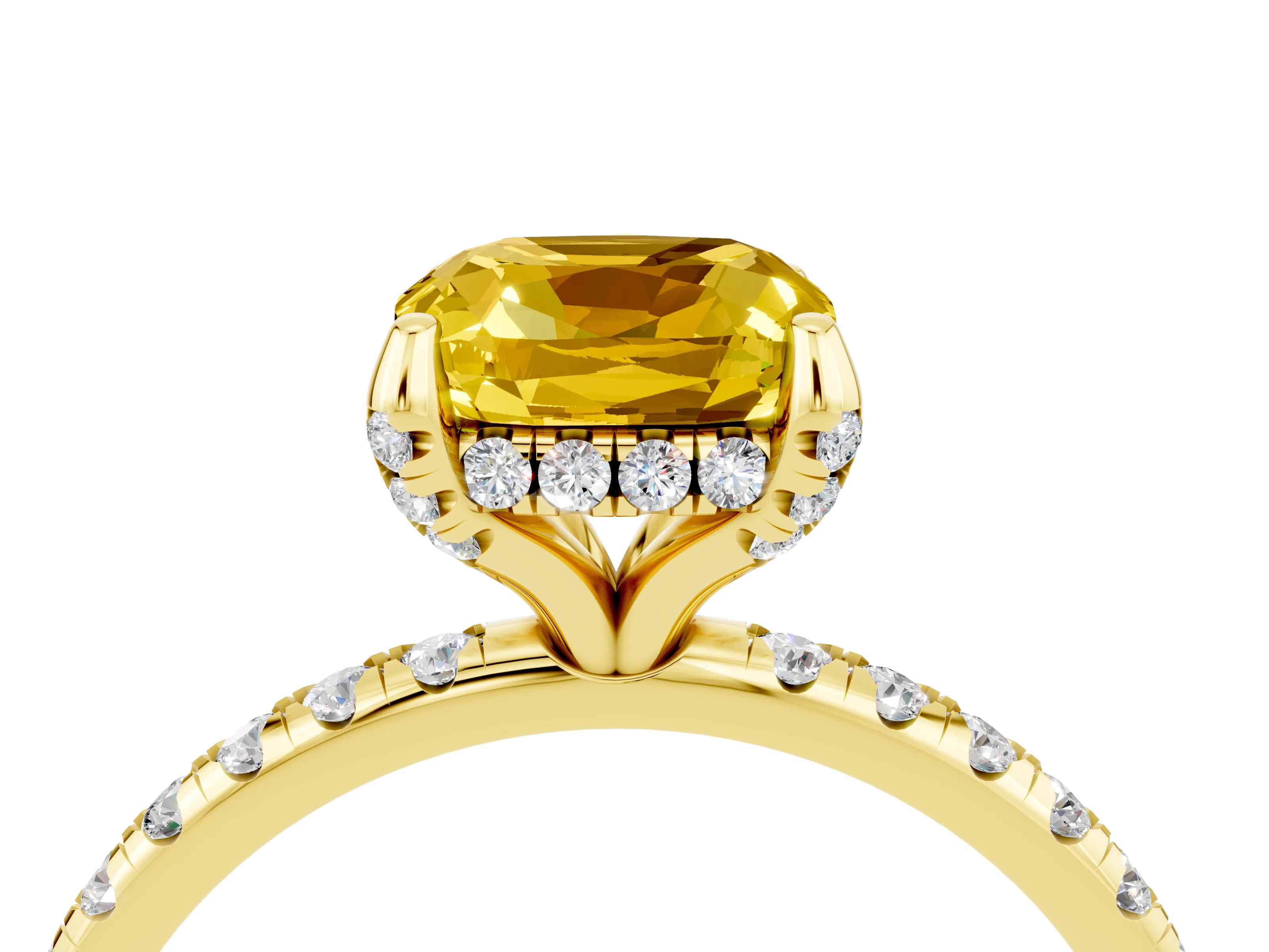 Yellow gold Cushion Cut Diamond Solitaire Ring with Four-Prong Setting and Pavé Band_4