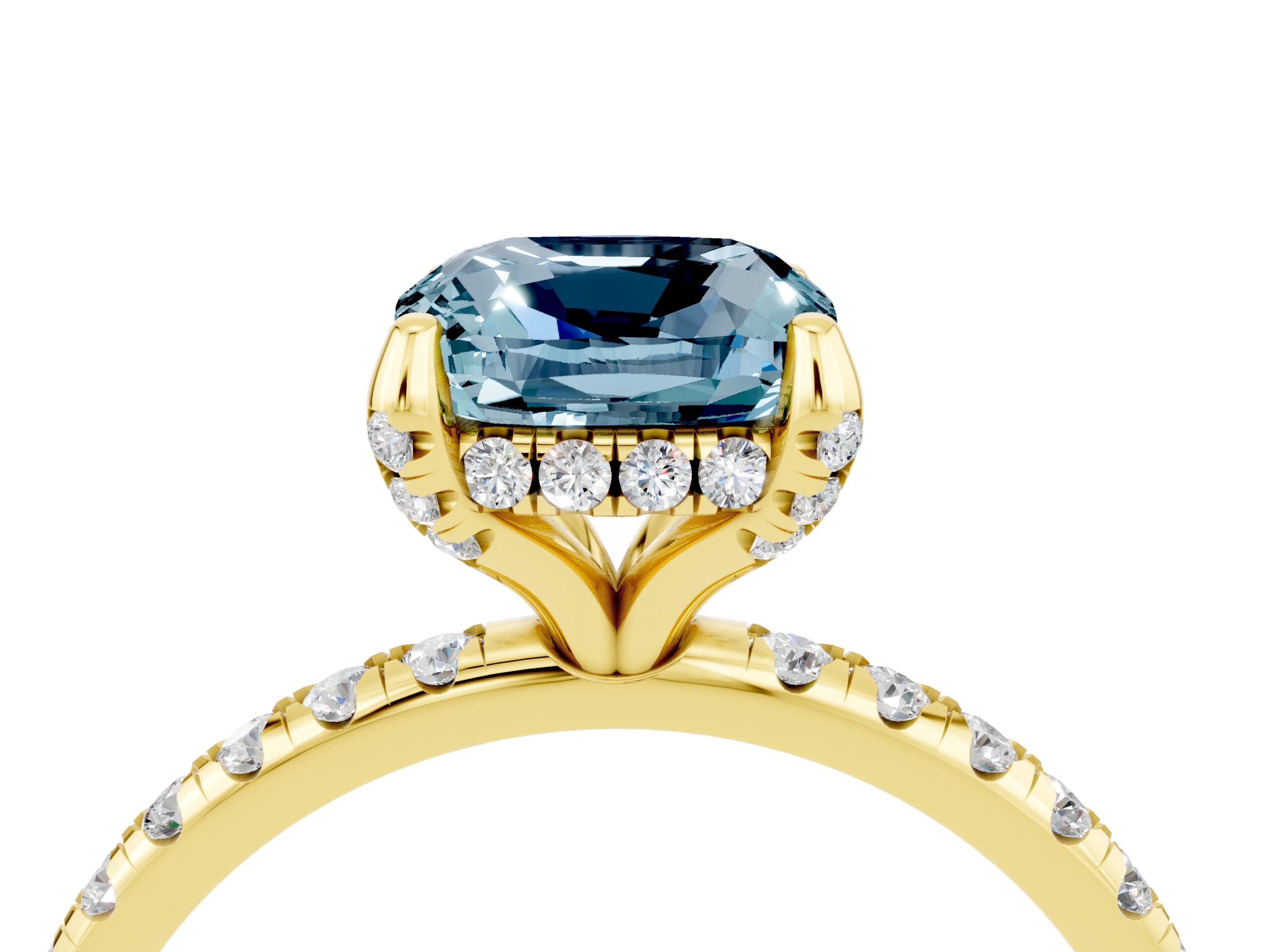 Yellow gold Cushion Cut Diamond Solitaire Ring with Four-Prong Setting and Pavé Band_4