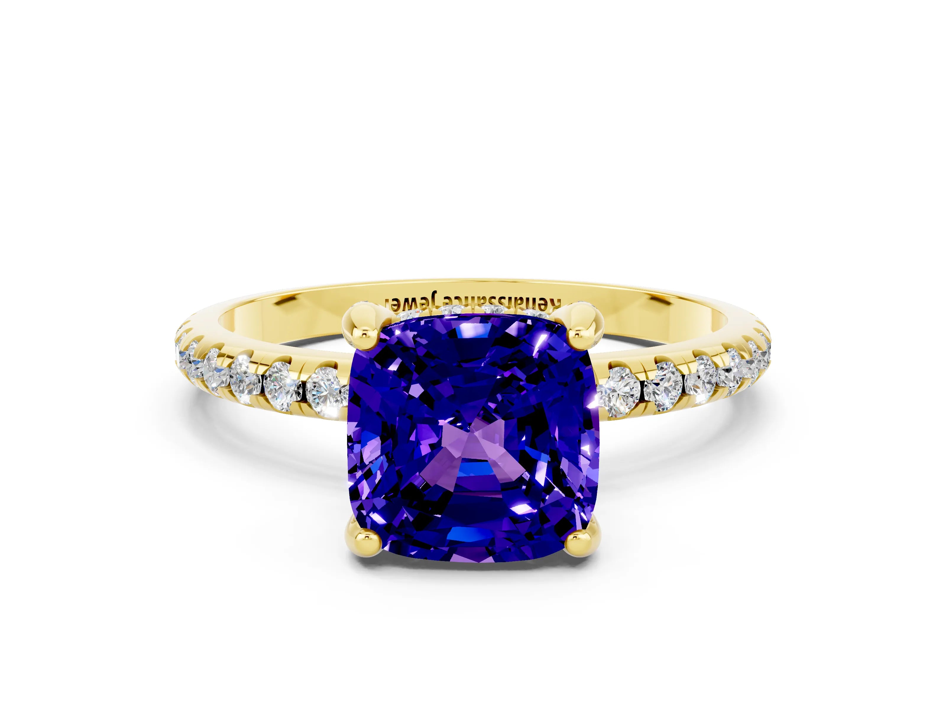 Yellow gold Cushion Cut Diamond Solitaire Ring with Four-Prong Setting and Pavé Band