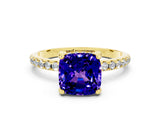Yellow gold Cushion Cut Diamond Solitaire Ring with Four-Prong Setting and Pavé Band