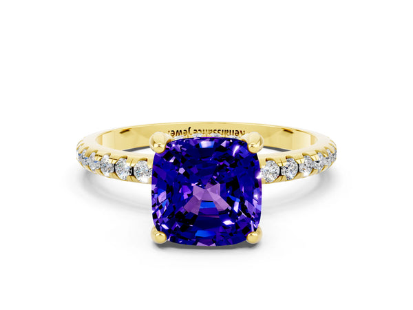 Yellow gold Cushion Cut Tanzanite Hidden Halo Engagement Ring with Round Pavé Band and Prong Setting