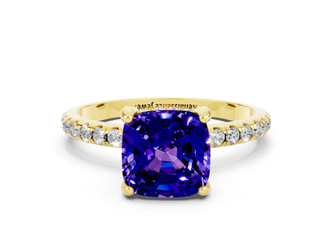 Yellow gold Cushion Cut Diamond Solitaire Ring with Four-Prong Setting and Pavé Band