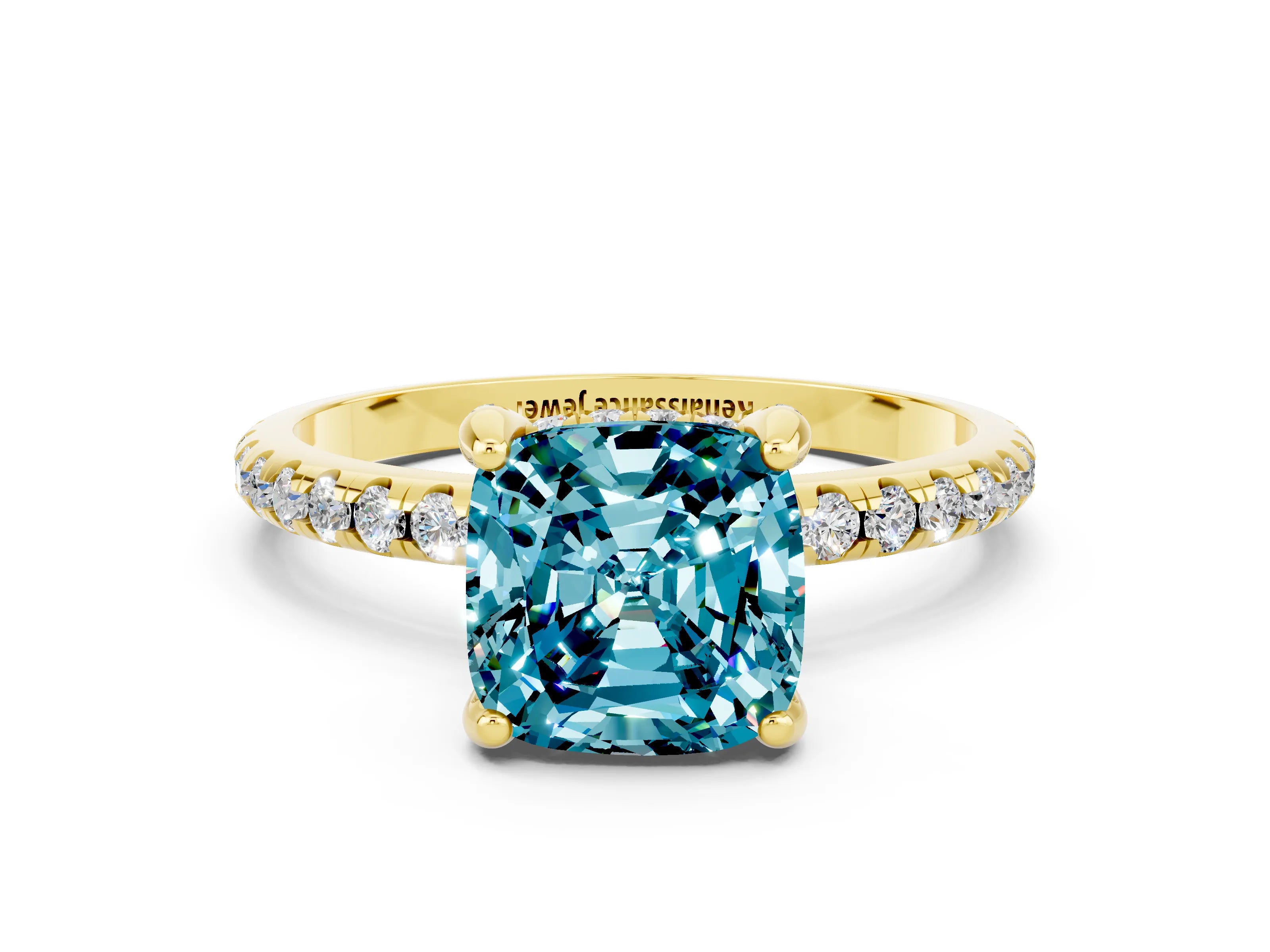 Yellow gold Cushion Cut Diamond Solitaire Ring with Four-Prong Setting and Pavé Band