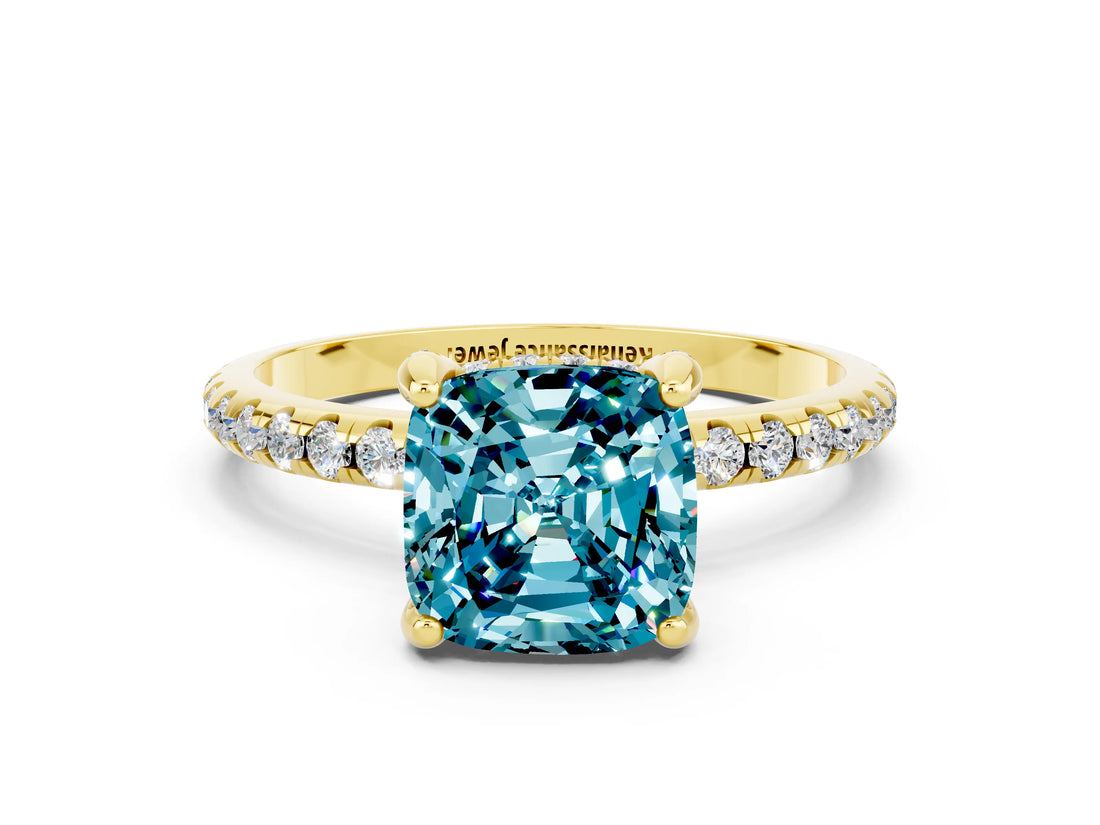 Yellow gold Cushion Cut Diamond Solitaire Ring with Four-Prong Setting and Pavé Band