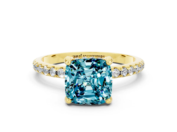 Yellow gold Cushion Cut Diamond Solitaire Ring with Four-Prong Setting and Pavé Band