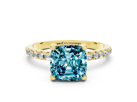 Yellow gold Cushion Cut Diamond Solitaire Ring with Four-Prong Setting and Pavé Band