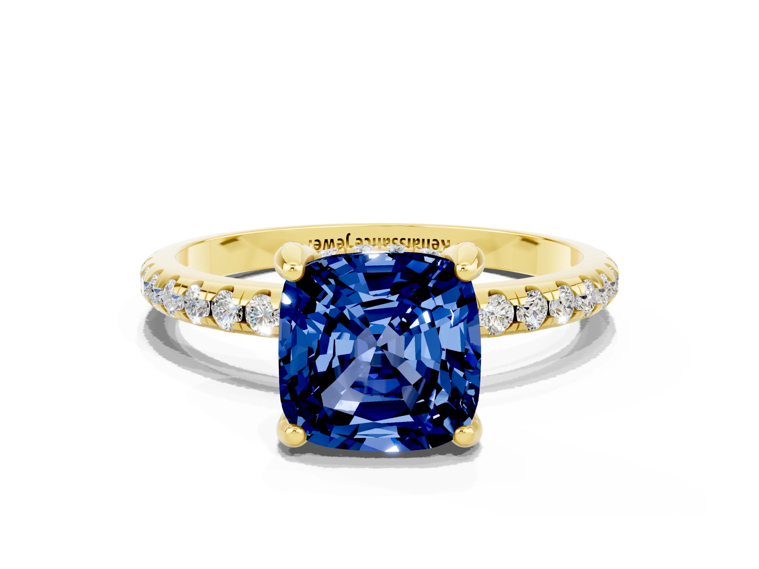 Yellow gold Cushion Cut Diamond Solitaire Ring with Four-Prong Setting and Pavé Band