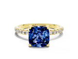 Yellow gold Cushion Cut Diamond Solitaire Ring with Four-Prong Setting and Pavé Band