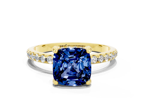 Yellow gold Cushion Cut Diamond Solitaire Ring with Four-Prong Setting and Pavé Band