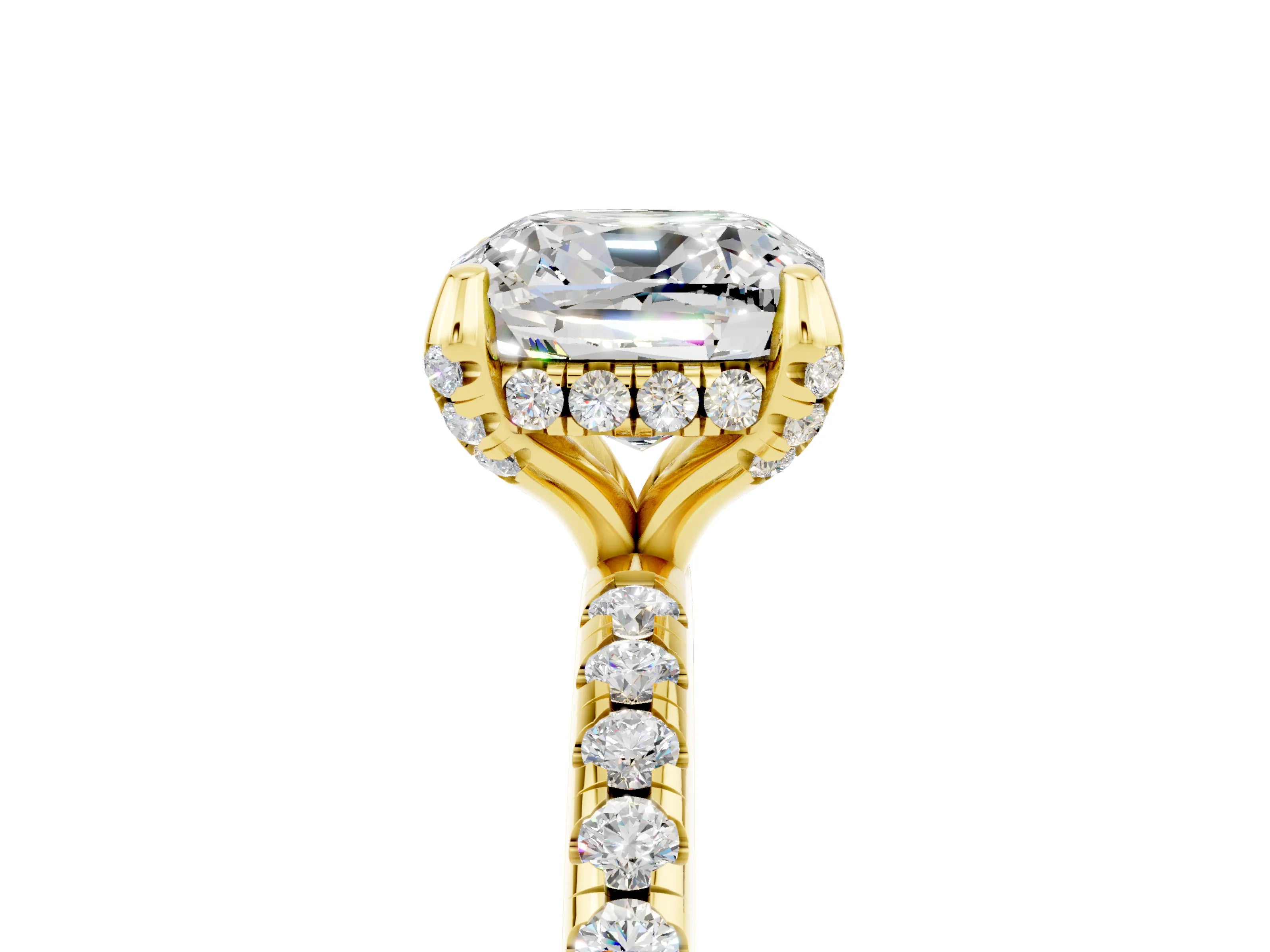 Yellow gold Cushion Cut Diamond Solitaire Ring with Four-Prong Setting and Pavé Band_5