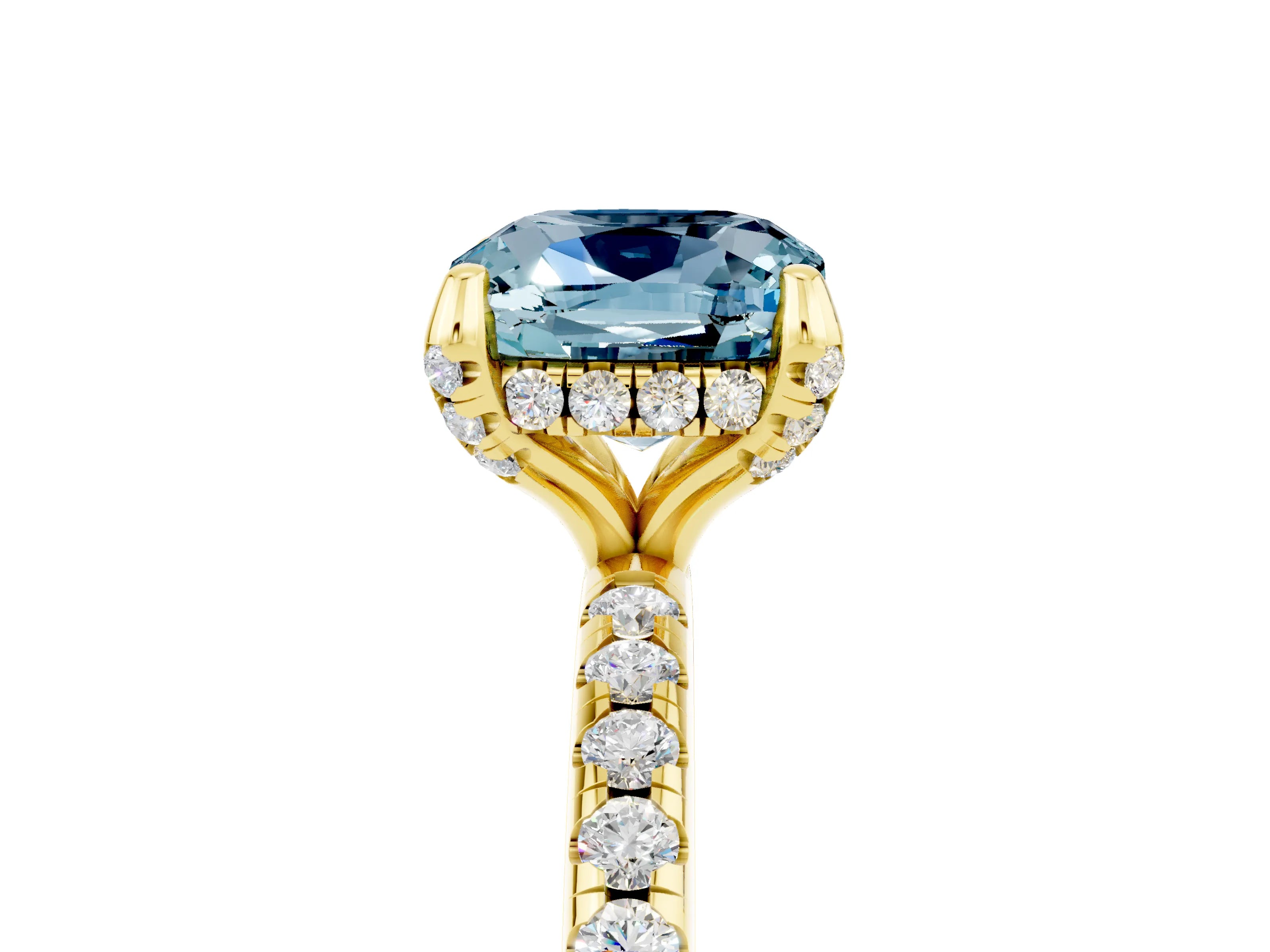 Yellow gold Cushion Cut Diamond Solitaire Ring with Four-Prong Setting and Pavé Band_5