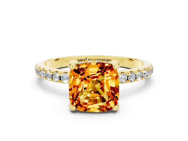 Yellow gold Cushion Cut Citrine Hidden Halo Engagement Ring with Round Pavé Band and Prong Setting