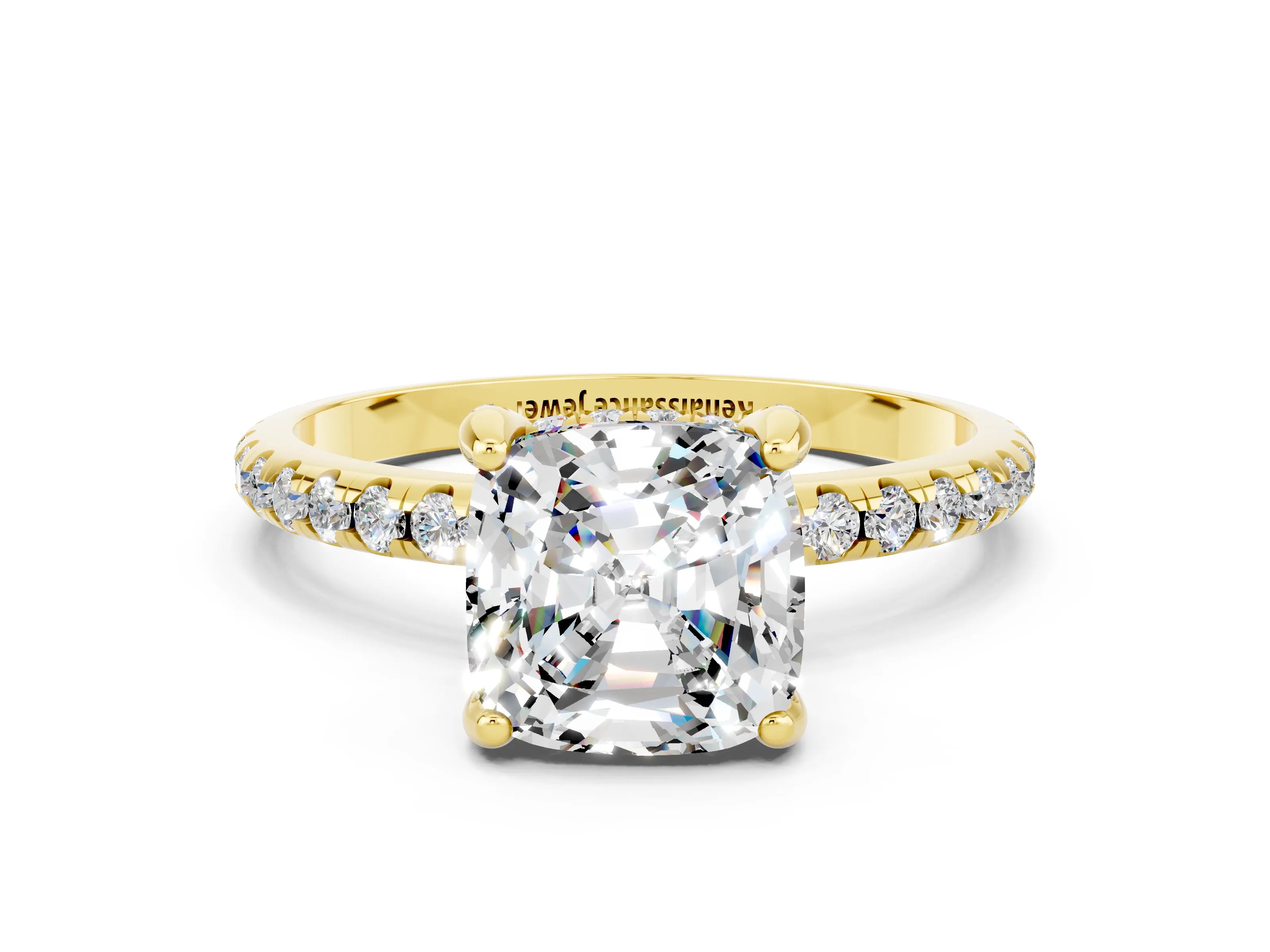 Yellow gold Cushion Cut Diamond Solitaire Ring with Four-Prong Setting and Pavé Band