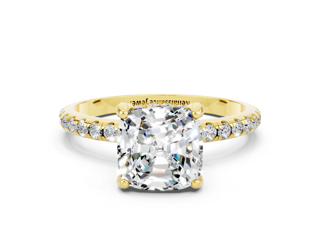Yellow gold Cushion Cut Diamond Solitaire Ring with Four-Prong Setting and Pavé Band