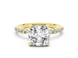 Yellow gold Cushion Cut Diamond Solitaire Ring with Four-Prong Setting and Pavé Band