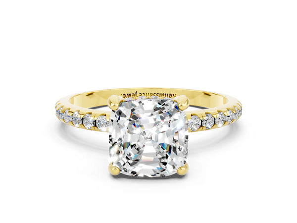 Yellow gold Cushion Cut Moissanite Hidden Halo Engagement Ring with Round Pavé Band and Prong Setting