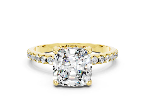Yellow gold Cushion Cut Diamond Solitaire Ring with Four-Prong Setting and Pavé Band