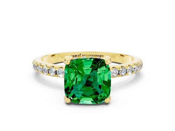 Yellow gold Cushion Cut Emerald Hidden Halo Engagement Ring with Round Pavé Band and Prong Setting