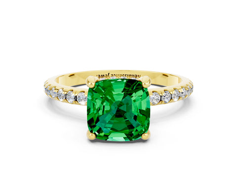 Yellow gold Cushion Cut Diamond Solitaire Ring with Four-Prong Setting and Pavé Band
