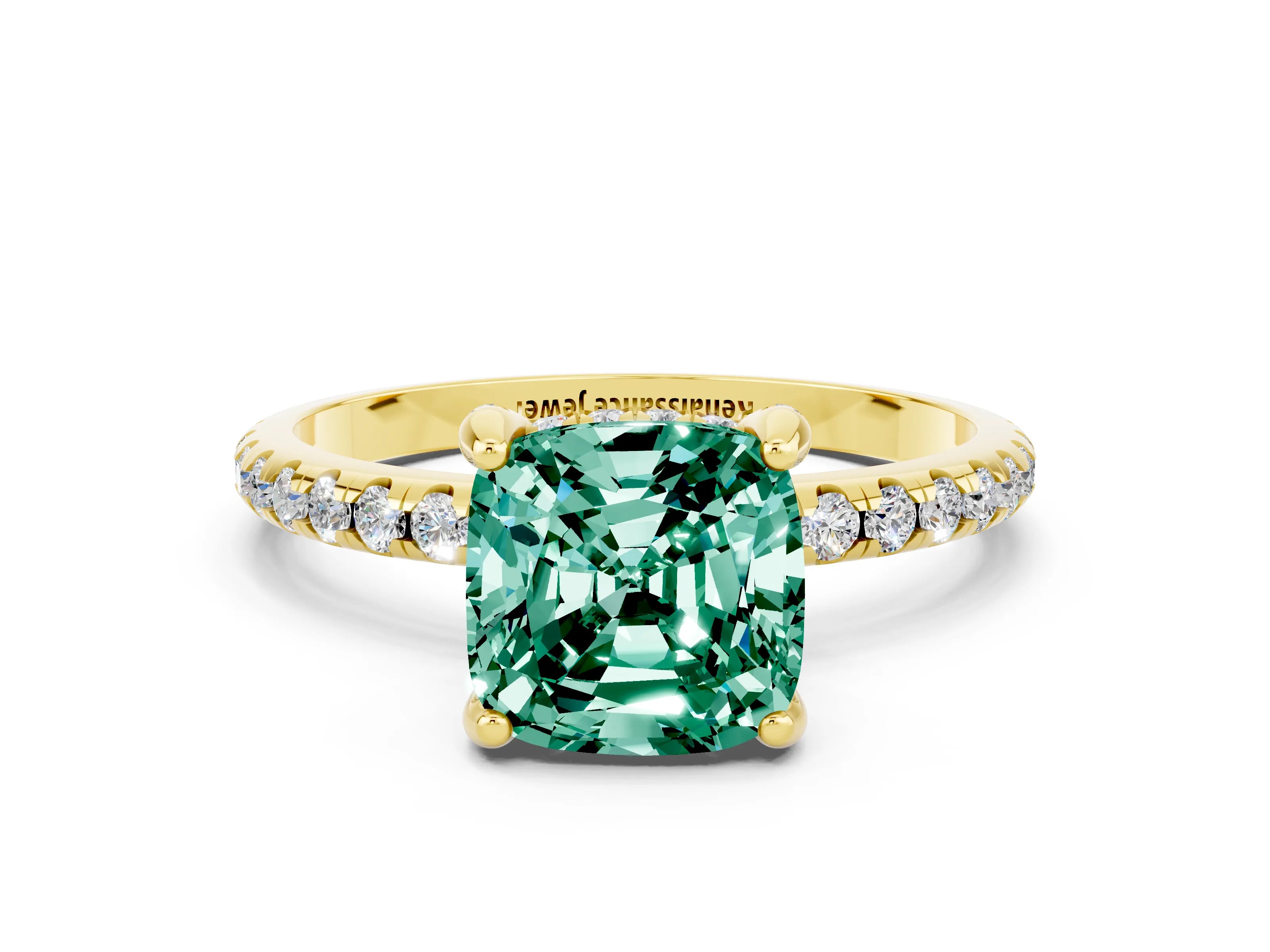 Yellow gold Cushion Cut Diamond Solitaire Ring with Four-Prong Setting and Pavé Band