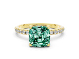 Yellow gold Cushion Cut Diamond Solitaire Ring with Four-Prong Setting and Pavé Band