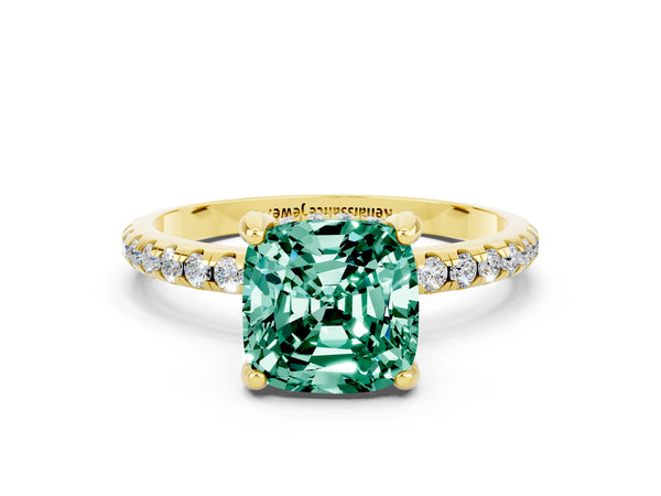 Yellow gold Cushion Cut Green Sapphire Hidden Halo Engagement Ring with Round Pavé Band and Prong Setting