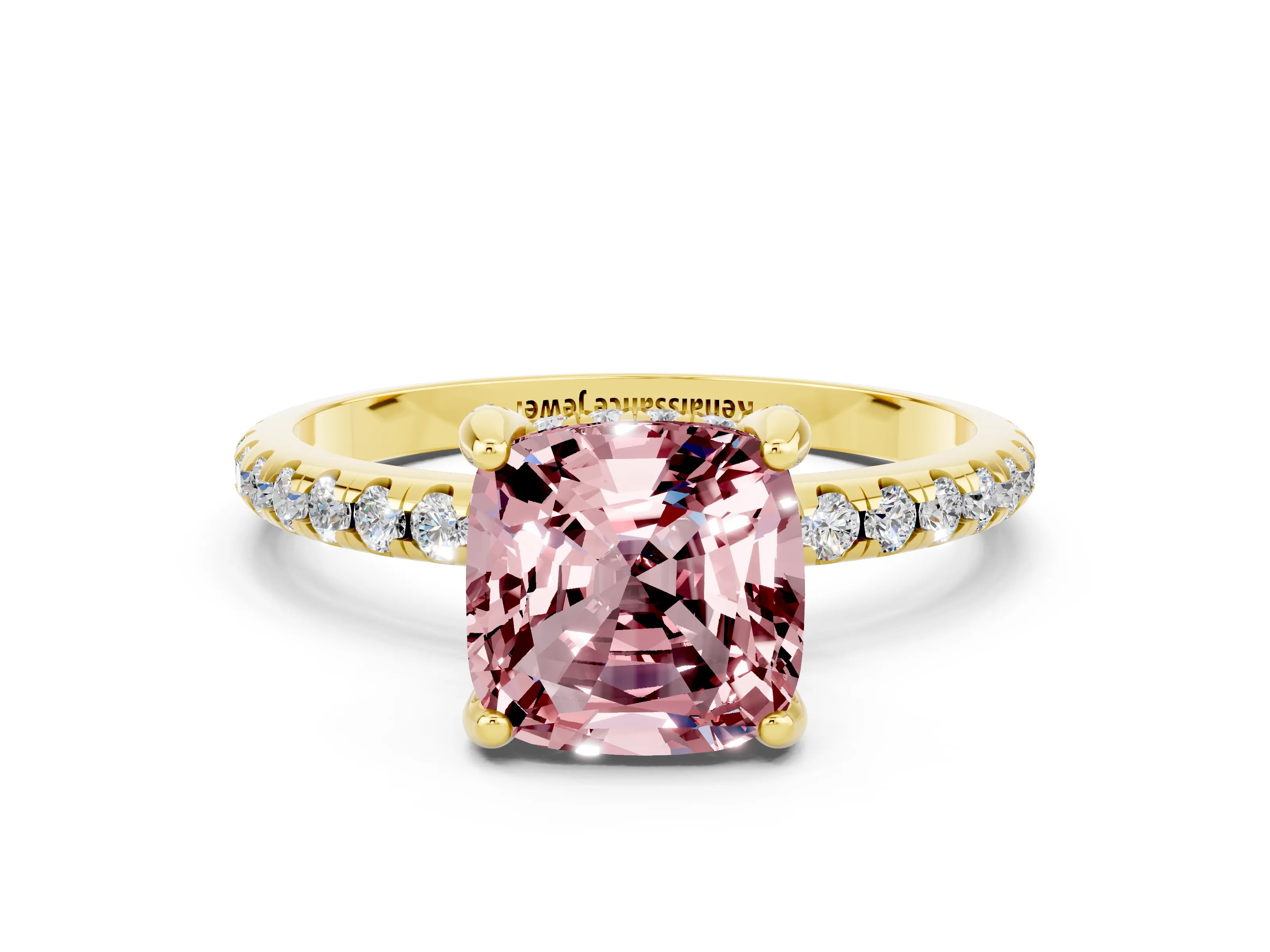 Yellow gold Cushion Cut Diamond Solitaire Ring with Four-Prong Setting and Pavé Band