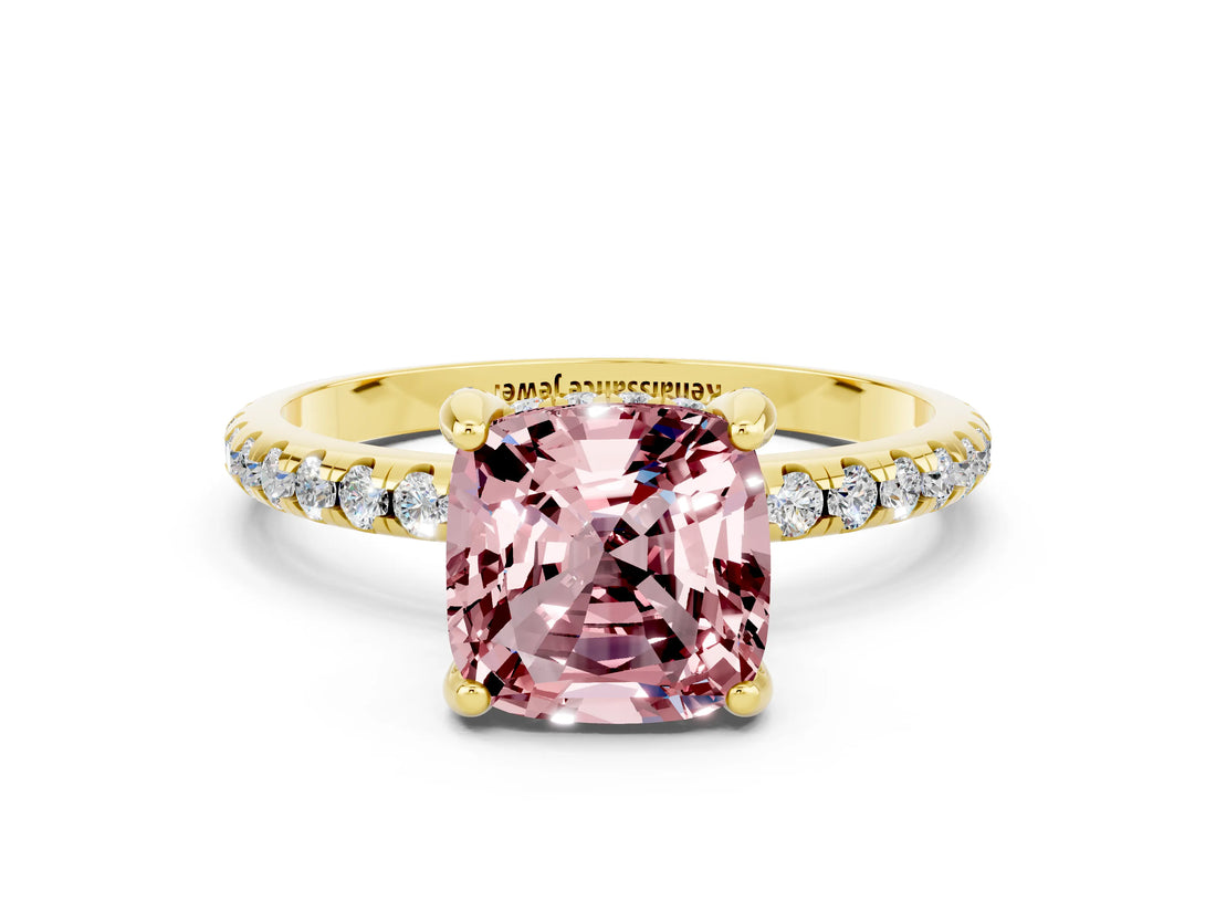 Yellow gold Cushion Cut Diamond Solitaire Ring with Four-Prong Setting and Pavé Band