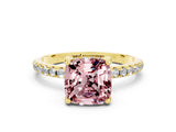 Yellow gold Cushion Cut Diamond Solitaire Ring with Four-Prong Setting and Pavé Band