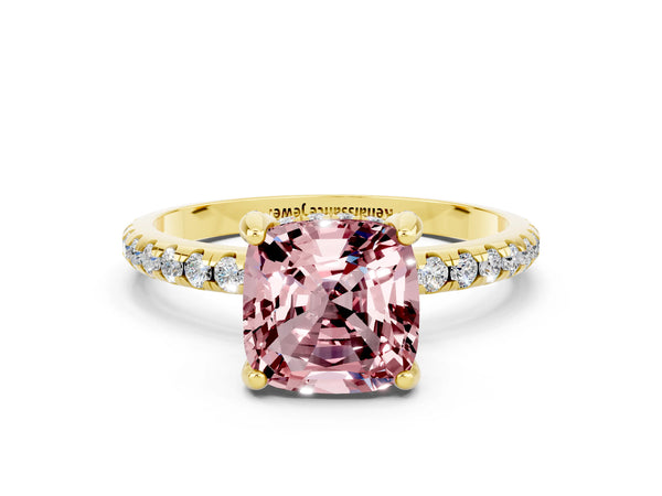 Yellow gold Cushion Cut Diamond Solitaire Ring with Four-Prong Setting and Pavé Band