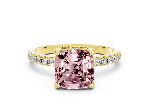 Yellow gold Cushion Cut Diamond Solitaire Ring with Four-Prong Setting and Pavé Band