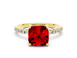 Yellow gold Cushion Cut Diamond Solitaire Ring with Four-Prong Setting and Pavé Band