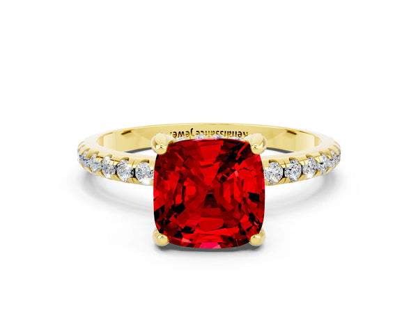Yellow gold Cushion Cut Diamond Solitaire Ring with Four-Prong Setting and Pavé Band