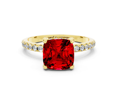 Yellow gold Cushion Cut Diamond Solitaire Ring with Four-Prong Setting and Pavé Band